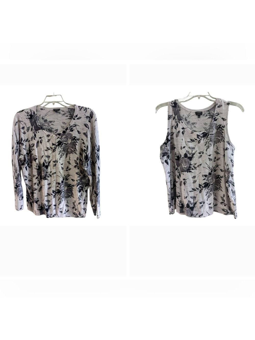 Talbots 2 Piece Merino Wool Gray Floral Long Sleeve Twin Set ,2x Petite Euc
